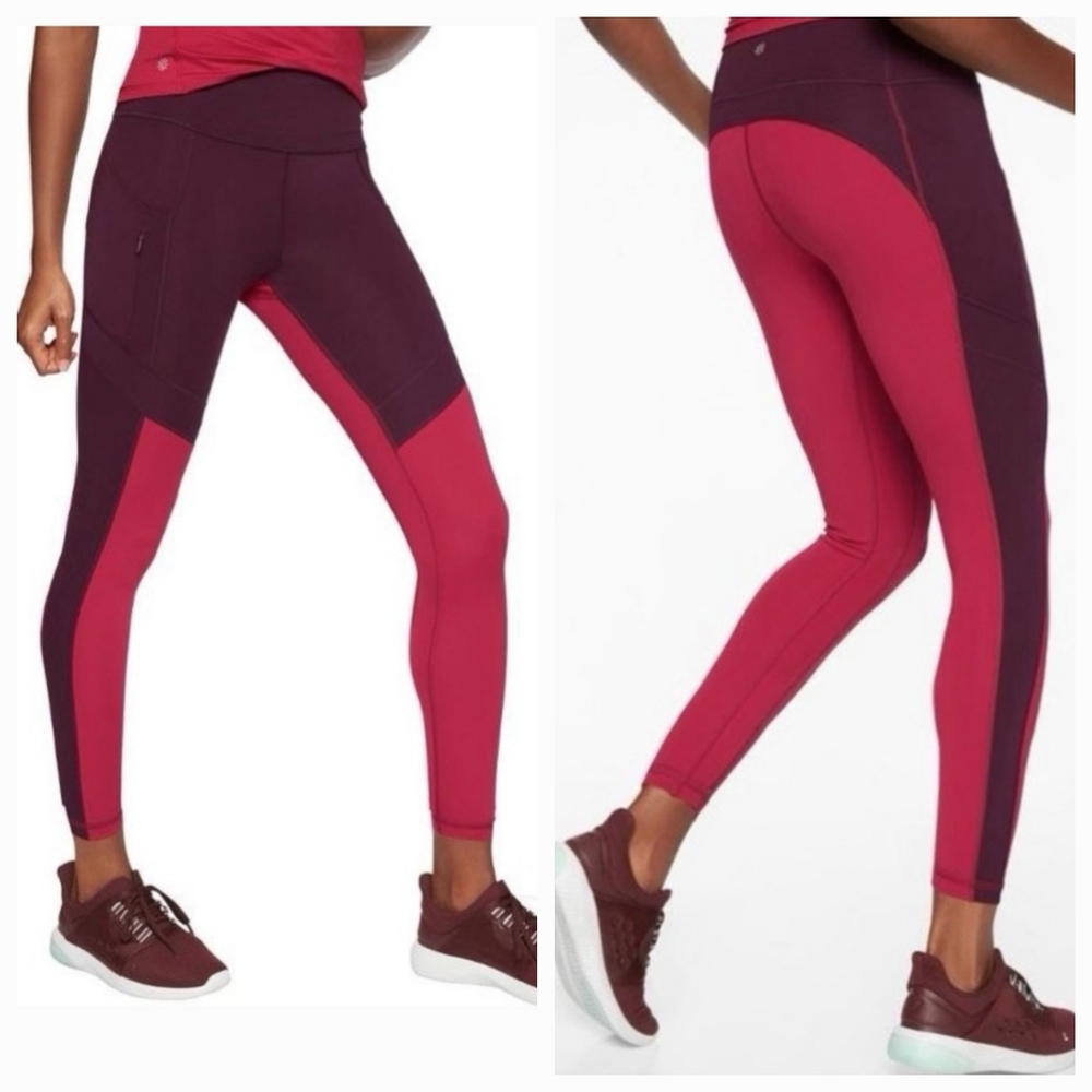 Athleta All In Structure 7/8 Berry and Burgandy Colorblock Leggings Size Small